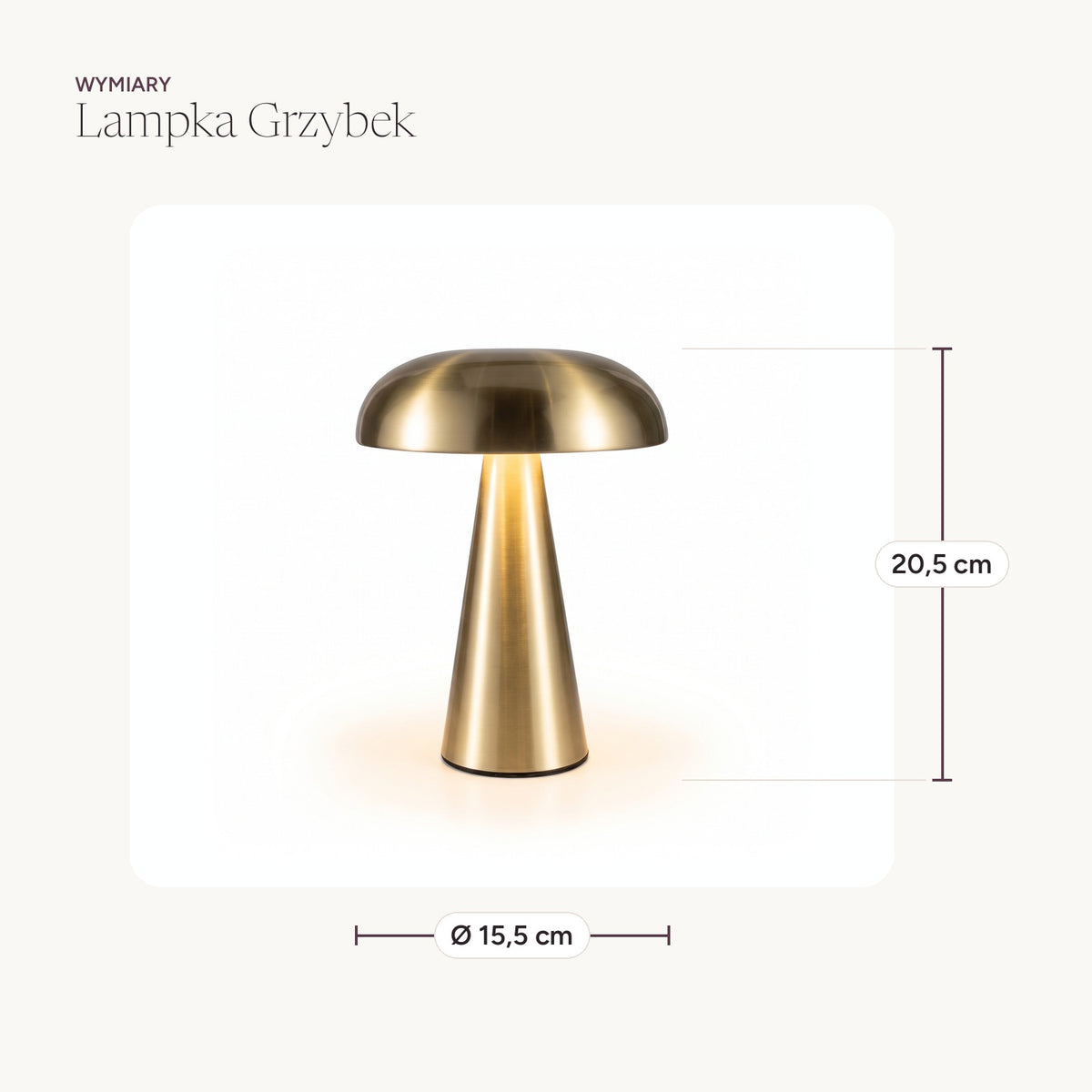 Wymiary lampki Grzybek: średnica 15,5 cm, wysokość 20,5 cm
